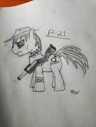 Size: 3036x4048 | Tagged: safe, artist:risen_warrior, oc, oc only, oc:p-21, pony, fallout equestria, fallout equestria: project horizons, fanfic art, gun, sketch, solo, traditional art, weapon