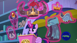 Size: 1920x1080 | Tagged: safe, screencap, twilight sparkle, alicorn, pony, a matter of principals, g4, amulet, amulet of aurora, azurantium, clover the clever's cloak, crown, crown of grover, female, helm of yickslur, helmet, jewelry, knuckerbocker's shell, magic, mare, regalia, shell, solo, talisman of mirage, twilight sparkle (alicorn)