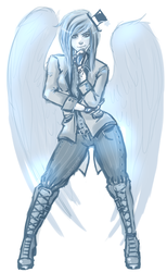 Size: 1342x2180 | Tagged: safe, artist:blueteardrop, rainbow dash, human, g4, clothes, female, humanized, monochrome, simple background, white background, winged humanization, wings