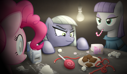 Size: 1685x992 | Tagged: safe, artist:frogem, limestone pie, maud pie, pinkie pie, g4, atg 2018, candy, candy cane, female, food, lightbulb, newbie artist training grounds, pie sisters, siblings, sisters, sugar (food)