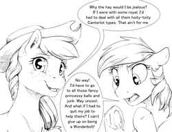 Size: 990x765 | Tagged: safe, artist:silfoe, applejack, rainbow dash, earth pony, pegasus, pony, royal sketchbook, g4, ask, cowboy hat, duo, female, grayscale, hat, mare, monochrome, simple background, sketch, tumblr, underhoof, white background