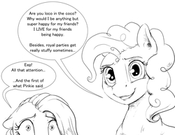 Size: 990x765 | Tagged: safe, artist:silfoe, fluttershy, pinkie pie, earth pony, pegasus, pony, royal sketchbook, g4, ask, duo, female, floppy ears, grayscale, mare, monochrome, tumblr