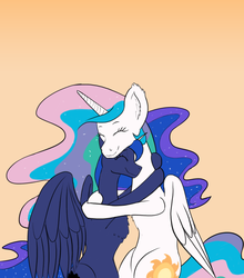 Size: 1500x1707 | Tagged: safe, artist:alloco, princess celestia, princess luna, alicorn, pony, g4, chest fluff, duo, ear fluff, eyes closed, female, gradient background, happy, hug, mare, simple background, sisters, smiling