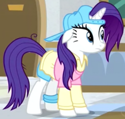 Size: 391x370 | Tagged: safe, screencap, rarity, pony, unicorn, friendship university, g4, alternate hairstyle, backwards ballcap, baseball cap, cap, clothes, cropped, eyeshadow, female, hat, makeup, mare, plainity, solo