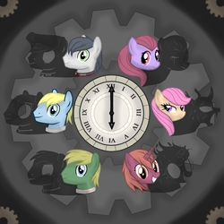 Size: 900x900 | Tagged: safe, artist:mruhrwerk, oc, oc:alexander julius uhrwerk ii, oc:arville higgins hartmut, oc:beatrice, oc:benjamin r. flügel, oc:blitzschnell alyssia läufer, oc:magnolia, earth pony, pony, unicorn, clock, disguise, disguised changeling