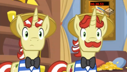 Size: 1280x720 | Tagged: safe, screencap, flam, flim, pony, unicorn, friendship university, g4, boomerang (tv channel), bowtie, brothers, duo, flim flam brothers, hat, male, siblings, stallion, straw hat, surprised