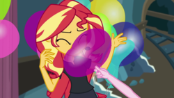 Size: 1280x720 | Tagged: safe, screencap, pinkie pie, sunset shimmer, all the world's off stage, all the world's off stage: pinkie pie, equestria girls, g4, my little pony equestria girls: better together, balloon, bumping, cute, shimmerbetes, silly, that pony sure does love balloons