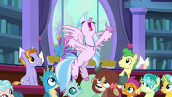 Size: 1920x1080 | Tagged: safe, screencap, auburn vision, citrine spark, cozy glow, gallus, huckleberry, ocellus, sandbar, silverstream, smolder, yona, classical hippogriff, hippogriff, pegasus, pony, a matter of principals, g4, female, filly, friendship student, happy, student six