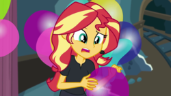 Size: 1280x720 | Tagged: safe, screencap, sunset shimmer, all the world's off stage, all the world's off stage: pinkie pie, equestria girls, g4, my little pony equestria girls: better together, balloon, female, solo