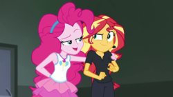 Size: 1280x720 | Tagged: safe, screencap, pinkie pie, sunset shimmer, all the world's off stage, all the world's off stage: pinkie pie, equestria girls, g4, my little pony equestria girls: better together, my little pony equestria girls: choose your own ending, armpits, best friends, black pants, black shirt, clothes, duo, duo female, earpiece, eyebrows, female, geode of sugar bombs, hairband, hand behind back, hand on shoulder, looking at each other, looking at someone, magical geodes, rah rah skirt, raised eyebrow, shipping fuel, skirt, smiling, smiling at each other, smug, smugset shimmer, tank top
