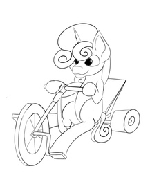 Size: 694x799 | Tagged: safe, artist:the-fox-experiment, sweetie belle, pony, unicorn, g4, :3, bicycle, big wheel, sketch