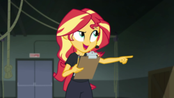 Size: 1280x720 | Tagged: safe, screencap, sunset shimmer, all the world's off stage, all the world's off stage: micro chips, equestria girls, g4, my little pony equestria girls: better together, clipboard, director shimmer, female, solo