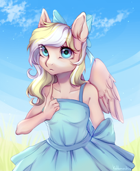 Size: 1313x1611 | Tagged: safe, artist:kottonashi, oc, oc only, oc:bay breeze, pegasus, anthro, anthro oc, bow, clothes, cloud, cute, day, digital art, dress, female, grass, hair bow, looking at you, mare, signature, sky, solo, ych result