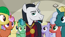 Size: 1024x576 | Tagged: safe, screencap, chancellor neighsay, fast break, fiery fricket, final countdown, high roller, saturn (g4), silver waves, sweet buzz, wintergreen, pony, unicorn, friendship university, g4, background pony, boomerang (tv channel), las pegasus resident, male, smiling, smug, smug son of a bitch, stallion, when he smiles