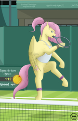 Size: 3300x5100 | Tagged: safe, artist:mighty-muffins, fluttershy, pony, g4, clothes, derail in the comments, female, leg band, logo, mouth hold, shading, shirt, sign, signature, solo, sports, tank top, tennis, tennis ball, tennis court, tennis racket, wrist tape