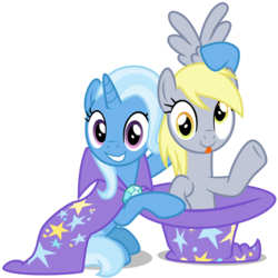 Size: 3200x3200 | Tagged: safe, artist:cheezedoodle96, derpy hooves, trixie, pegasus, pony, unicorn, a matter of principals, g4, .svg available, cape, clothes, cute, derpabetes, diatrixes, duo, female, hat, high res, looking at you, magic trick, mare, out of trixie's hat, pony out of a hat, raspberry, scene interpretation, silly, silly pony, simple background, smiling, svg, tongue out, transparent background, trixie's cape, trixie's hat, vector, waving