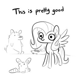 Size: 1650x1650 | Tagged: safe, artist:tjpones, fluttershy, bear, pegasus, pony, rabbit, raccoon, g4, black and white, carrot, dialogue, female, food, grayscale, mare, monochrome, simple background, white background