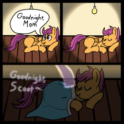 Size: 4096x4096 | Tagged: safe, artist:venaf, scootaloo, ghost, pegasus, pony, g4, absurd resolution, atg 2018, blanket, comic, dead parents, feels, newbie artist training grounds, orphan, sleeping, text