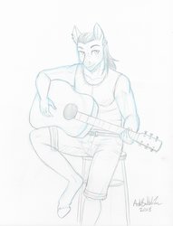Size: 2480x3248 | Tagged: safe, artist:askbubblelee, oc, oc only, oc:samba volta, earth pony, anthro, unguligrade anthro, bronycon, acoustic guitar, anthro oc, bronycon2018, campolina, clothes, commission, guitar, high res, male, monochrome, musical instrument, simple background, sitting, sketch, smiling, solo, stallion, traditional art, white background