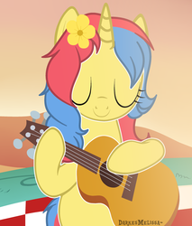 Size: 2313x2713 | Tagged: artist needed, safe, artist:darkesmelissa, oc, oc only, oc:stormfall drizzle, pony, unicorn, cute, flower, flower in hair, guitar, high res, solo