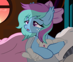 Size: 700x595 | Tagged: editor needed, safe, artist:ponyecho, edit, part of a set, oc, oc only, oc:sky lantern, bat pony, pony, bed, bed hair, blanket, blushing, bow, colored pupils, crepuscular rays, cute, ear fluff, fangs, female, freckles, holding, lidded eyes, messy mane, morning ponies, open mouth, pillow, plushie, show accurate, sleepy, solo, sunrise