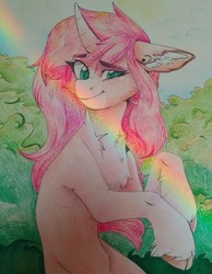 Size: 994x1280 | Tagged: safe, artist:soup-pup, oc, oc only, oc:tarot, classical unicorn, pony, unicorn, blue eyes, chest fluff, cloven hooves, curved horn, cute, ear piercing, earring, female, floppy ears, fluffy, freckles, horn, jewelry, leonine tail, long mane, looking at you, mare, palomino, piercing, pink mane, rainbow, smiling, solo, unshorn fetlocks