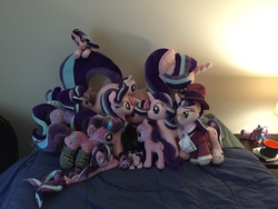 Size: 3264x2448 | Tagged: artist needed, safe, snowfall frost, starlight glimmer, pony, seapony (g4), unicorn, g4, bed, chibi, clothes, high res, irl, life size, multeity, photo, plushie, pony pile, seaponified, seapony starlight glimmer, socks, species swap, starlight cluster, striped socks, this will end in timeline distortion