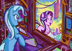 Size: 3508x2480 | Tagged: safe, artist:jowyb, starlight glimmer, trixie, pony, unicorn, g4, cute, diatrixes, female, high res, looking at each other, mare, trixie's wagon, wagon, window, wip
