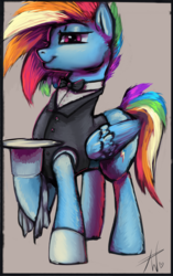 Size: 1024x1626 | Tagged: safe, artist:penny-wren, rainbow dash, pegasus, pony, g4, clothes, female, mare, simple background, solo, waiter