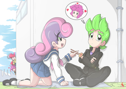 Size: 4093x2894 | Tagged: safe, artist:ryured, apple bloom, scootaloo, spike, sweetie belle, human, g4, chopsticks, clothes, cutie mark crusaders, female, food, hammer, human spike, humanized, jealous, male, school uniform, ship:scootaspike, ship:spikebelle, shipping, sledgehammer, smiling, straight, thought bubble