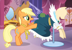 Size: 500x344 | Tagged: safe, screencap, applejack, earth pony, pony, g4, magical mystery cure, clothes, dress, female, mannequin, ponyquin, solo, swapped cutie marks