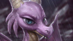 Size: 1200x675 | Tagged: safe, artist:assasinmonkey, scales (g4), dragon, g4, the hearth's warming club, bust, digital painting, dragoness, female, portrait, rain, signature, smiling, smirk, solo