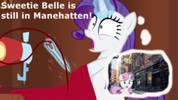 Size: 1280x720 | Tagged: safe, rarity, sweetie belle, pony, unicorn, g4, cutie mark, fabric, female, filly, glowing horn, horn, irl, magic, manehattan, manhattan, mare, misspelling, needle, new york city, photo, ponies in real life, sewing machine, telekinesis, the cmc's cutie marks, thought bubble, thread