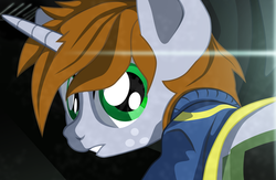 Size: 4295x2800 | Tagged: safe, artist:aaronmk, oc, oc only, oc:littlepip, pony, unicorn, fallout equestria, atg 2018, clothes, fanfic, fanfic art, female, horn, jumpsuit, mare, newbie artist training grounds, solo, teeth, vault suit