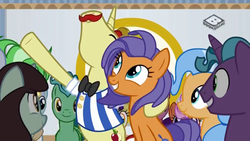 Size: 1024x576 | Tagged: safe, screencap, dusty swift, fast break, fat stacks, fiery fricket, flam, frying pan (g4), rosy pearl, sprout greenhoof, pony, friendship university, g4, background pony, boomerang (tv channel), las pegasus resident