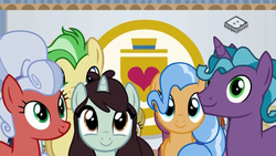 Size: 1024x576 | Tagged: safe, screencap, dusty swift, fat stacks, saturn (g4), silver waves, sprout greenhoof, earth pony, pegasus, pony, unicorn, friendship university, g4, background pony, boomerang (tv channel), cute, female, las pegasus resident, male, mare, stallion