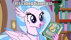 Size: 960x540 | Tagged: safe, screencap, silverstream, hippogriff, g4, the hearth's warming club, book, boomerang (tv channel), dianetics, image macro, logo, meme, scientology, this will end in bankrupcy, this will end in tears