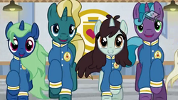 Size: 1024x576 | Tagged: safe, screencap, fat stacks, flowerescent, high roller, sprout greenhoof, pony, unicorn, friendship university, g4, background pony, boomerang (tv channel), cute, female, it's coming right at us, las pegasus resident, male, mare, stallion