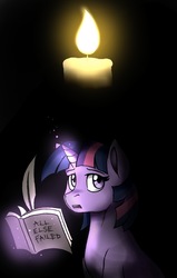 Size: 800x1257 | Tagged: safe, artist:whitepone, twilight sparkle, fanfic:a fleeting light in the darkness, g4, a fleet|ng light |n the darkness, black background, book, candle, fanfic art, quill, simple background