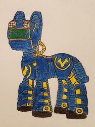 Size: 1512x2016 | Tagged: safe, artist:dice warwick, artist:dice-warwick, oc, oc only, pony, fallout equestria, fallout equestria: dance of the orthrus, armor, fanfic art, power armor, solo, traditional art