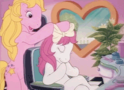 Size: 540x392 | Tagged: safe, screencap, starlight (g1), sweetheart, earth pony, pony, g1, my little pony tales, animated, armchair, bipedal, bow, chair, cute, female, gif, opening, sweetheartorable