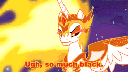 Size: 540x304 | Tagged: safe, edit, edited screencap, screencap, daybreaker, pony, a royal problem, g4, animated, female, gif, mocking, ow the edge, solo, text