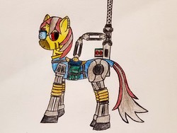 Size: 1714x1286 | Tagged: safe, artist:dice warwick, artist:dice-warwick, oc, oc only, oc:sweet sax solo, cyborg, original species, fallout equestria, fallout equestria: dance of the orthrus, cyber eyes, ear piercing, fanfic art, gun, mirage pony, piercing, solo, traditional art, weapon