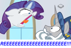 Size: 1365x932 | Tagged: safe, edit, screencap, rarity, star swirl the bearded, friendship university, g4, angry, boomerang (tv channel), faic, glowing horn, hat, horn, mating call, open mouth, reeee, shouting rarity, tongue out, wat
