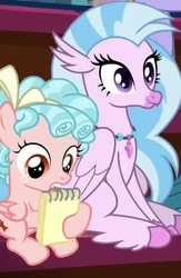 Size: 469x721 | Tagged: safe, screencap, cozy glow, silverstream, classical hippogriff, hippogriff, pegasus, pony, a matter of principals, g4, cropped, duo, female, filly, foal, mouth hold, notepad, pure concentrated unfiltered evil of the utmost potency, pure unfiltered evil, sitting