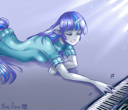 Size: 487x418 | Tagged: safe, artist:frenky-chan, oc, oc only, oc:blue piano, human, eared humanization, female, horn, horned humanization, humanized, musical instrument, piano, pony coloring, solo, tailed humanization
