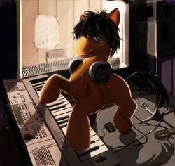 Size: 1144x1078 | Tagged: safe, artist:skoparov, oc, oc only, earth pony, pony, headphones, jewelry, keyboard, male, musical instrument, musician, necklace, solo, stallion, vulgar description