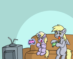 Size: 1024x825 | Tagged: safe, artist:verycomicrelief, derpy hooves, dinky hooves, g4, couch, duo, duo female, female, mother and daughter, television, tongue out, xbox