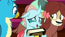 Size: 1920x1080 | Tagged: safe, screencap, gallus, ocellus, yona, changedling, changeling, griffon, yak, a matter of principals, g4, book