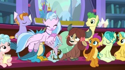 Size: 1920x1080 | Tagged: safe, screencap, auburn vision, citrine spark, cozy glow, gallus, huckleberry, ocellus, sandbar, silverstream, smolder, yona, changedling, changeling, classical hippogriff, dragon, earth pony, griffon, hippogriff, pegasus, pony, unicorn, yak, a matter of principals, g4, book, bow, cloven hooves, dragoness, female, filly, flying, friendship student, hair bow, happy, jewelry, male, monkey swings, necklace, notebook, stallion, student six, teenager